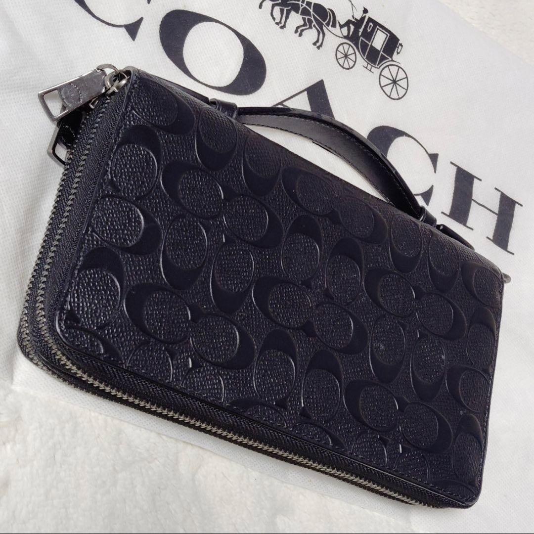 （美品】コーチ型押しトラベルオーガナイザー ダブルジップ セカンドバッグ