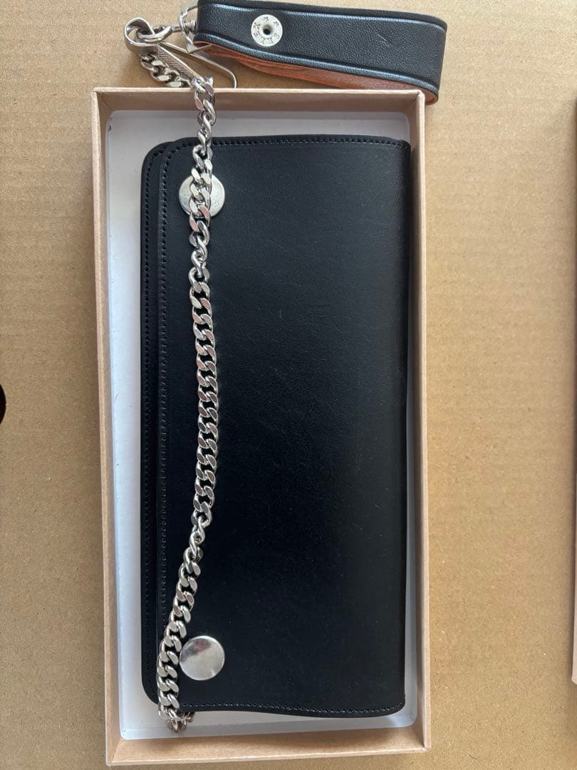 Leatherno ブラック レザー 長財布 チェーン付き