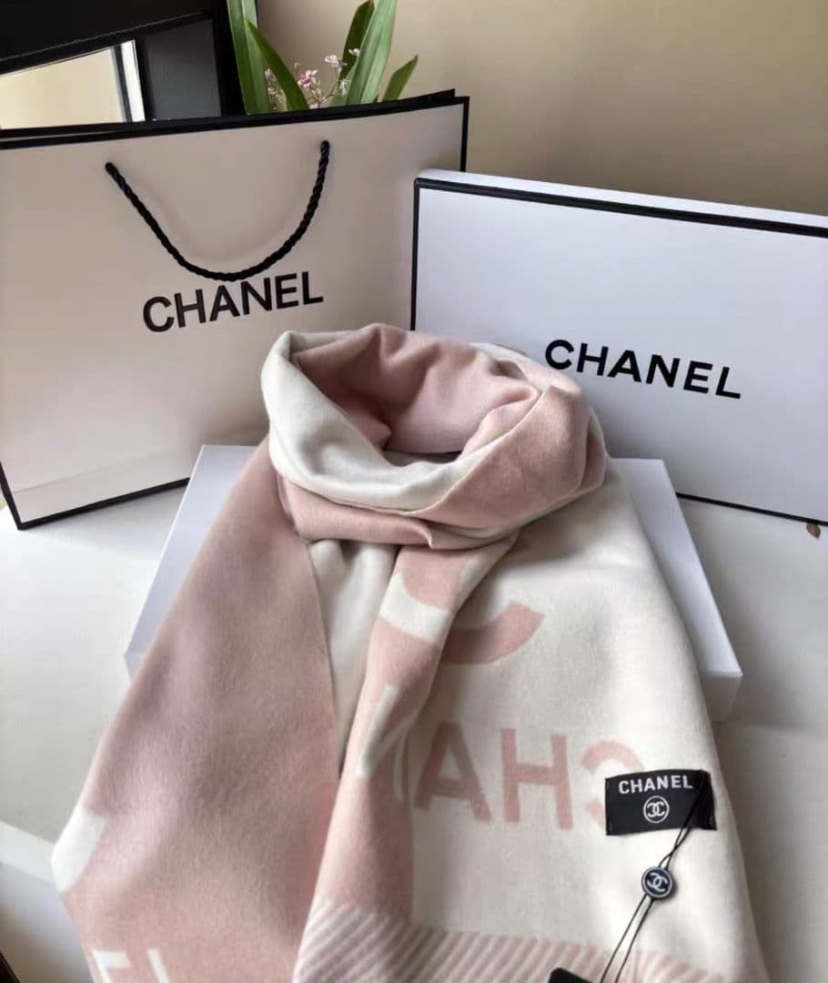 CHANEL ウール スカーフ ピンク×ホワイト 184x34cm