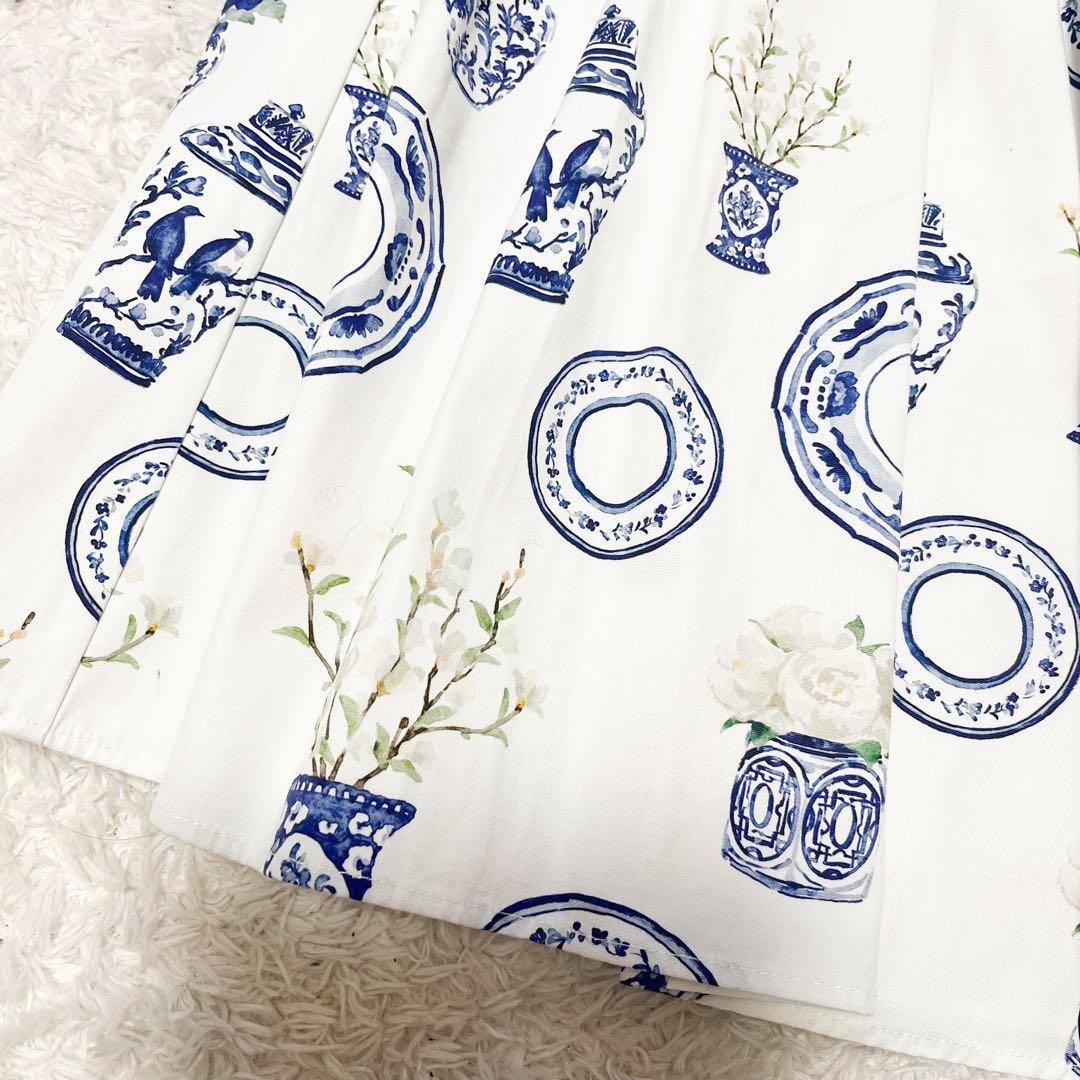 2023 セブンテン 陶器プリント 花柄スカート 陶器 水彩タッチブルーホワイト