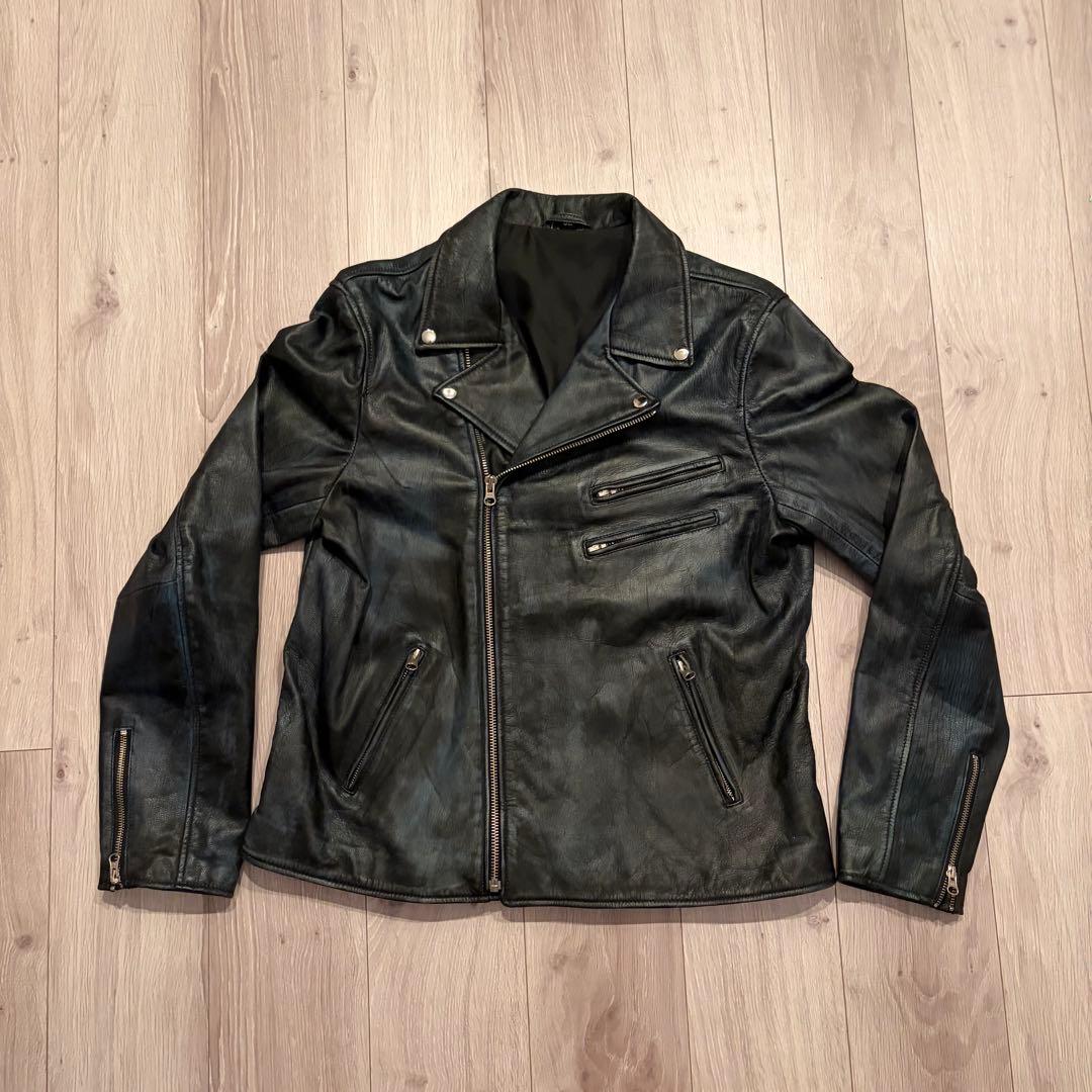 希少5L/完売品　フリーダムレザー 本革 ダブルライダースジャケット ヤギ革 黒