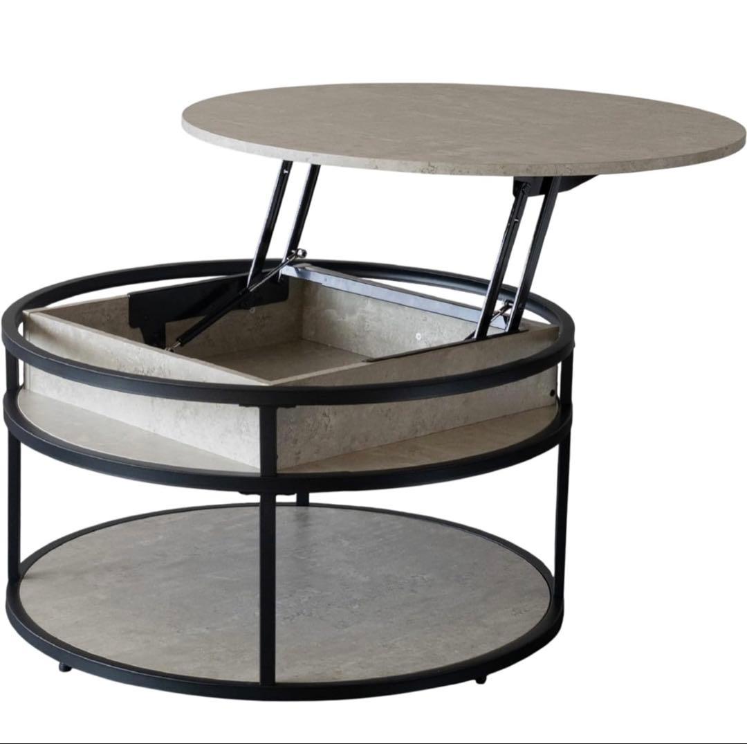 昇降式 ローテーブル 丸テーブル 80cm 高さ43.5cm/66cm グレー