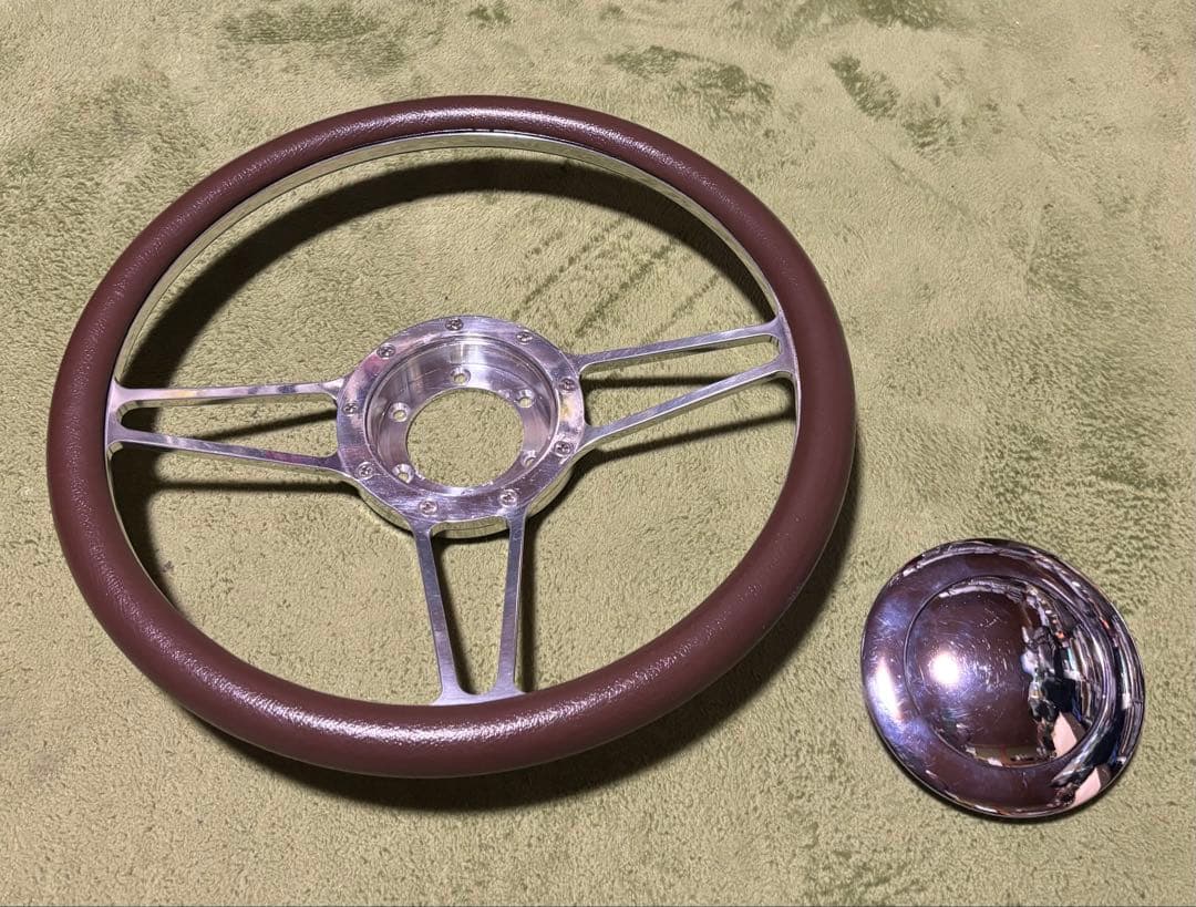 ビレットステアリング ブラウンレザー ホーンボタン付き 35cm 中古品 送料込