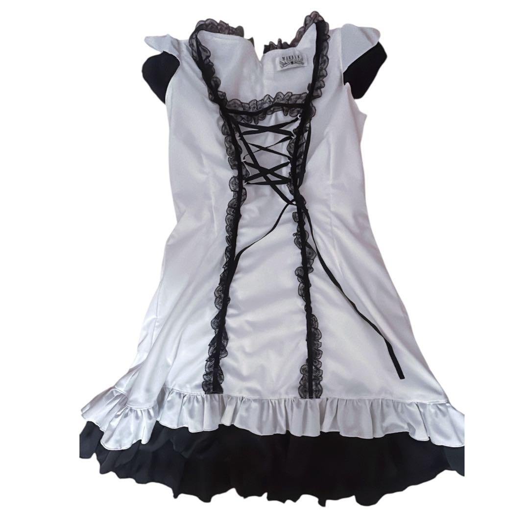 ♡MARBLE　フリル袖編み上げワンピース：白×黒レース♡