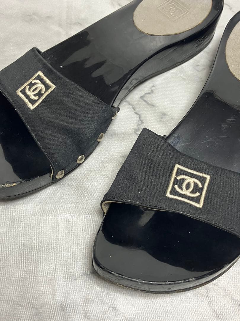 CHANEL スポーツライン　ココマーク　ブラック　サテン　サンダル　35