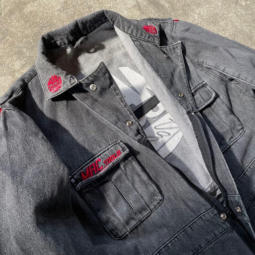 マックツール ブラックデニムオーバーオール つなぎ フルジップ 作業着 ロゴ刺繍
