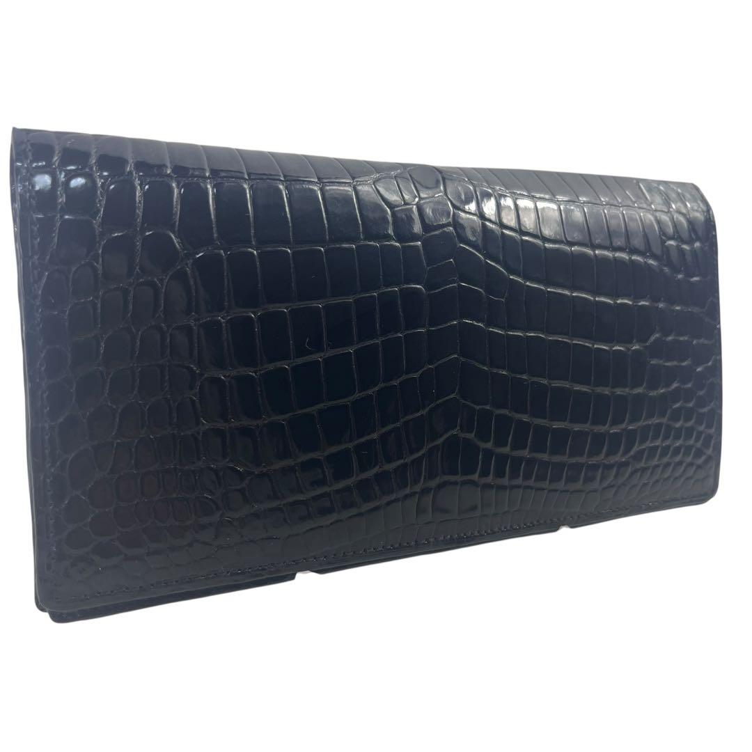 極美品 JRA認定 クロコダイル シャイニング 長財布 ブラック センター取り