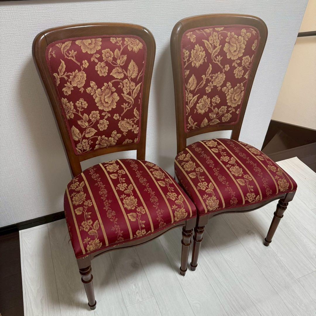 イタリア製 ダイニングチェア 2脚セット 花柄ジャガード 飴色 木製 高級椅子
