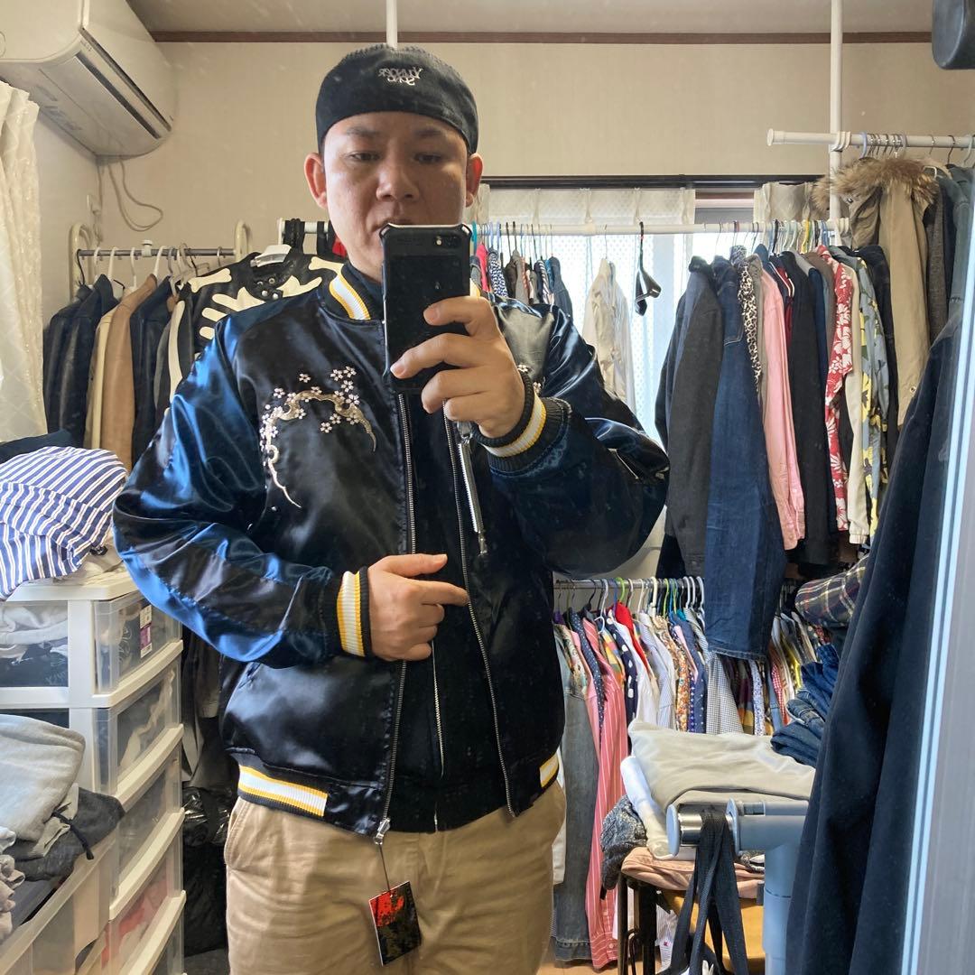 新品　抜刀娘　刺繍入りサテン スカジャン L ネイビー　シルバー　 リバーシブル