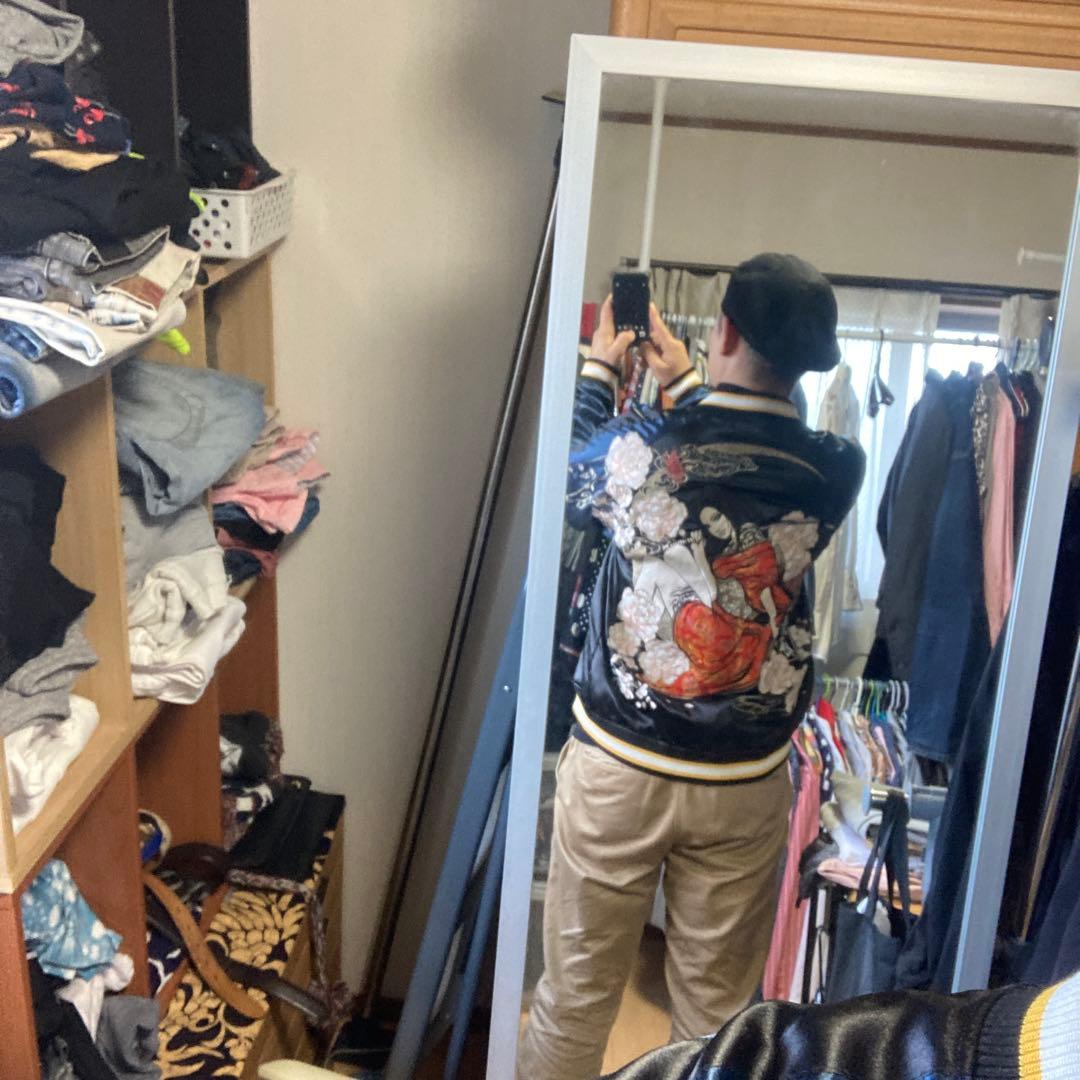 新品　抜刀娘　刺繍入りサテン スカジャン L ネイビー　シルバー　 リバーシブル