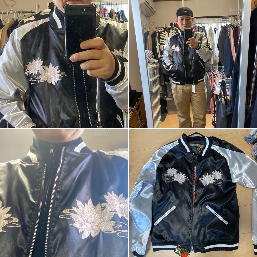 新品　抜刀娘　刺繍入りサテン スカジャン L ネイビー　シルバー　 リバーシブル