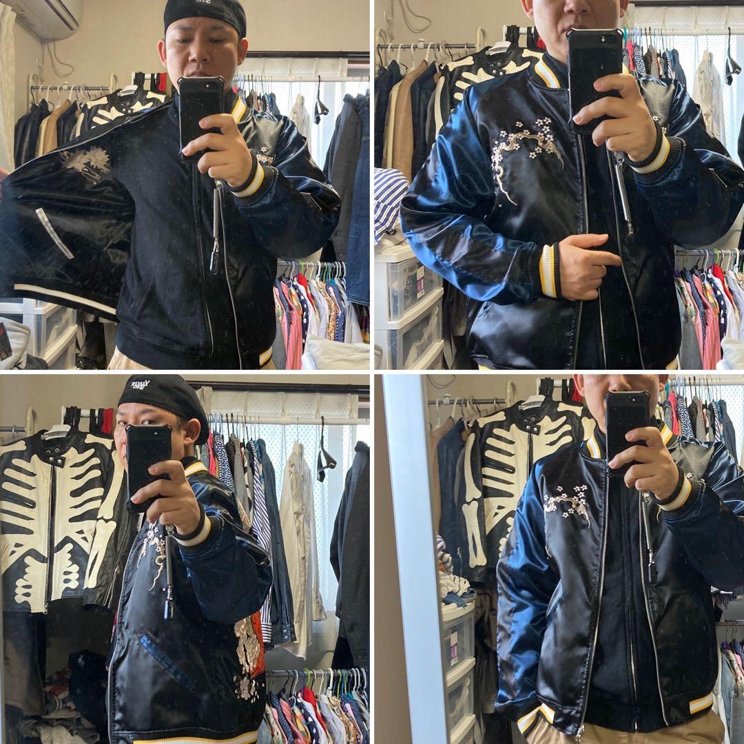 新品　抜刀娘　刺繍入りサテン スカジャン L ネイビー　シルバー　 リバーシブル