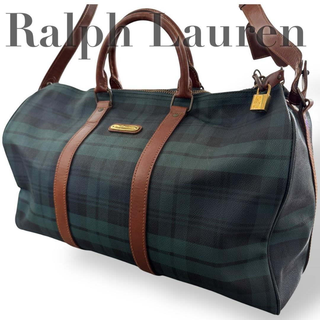 ラルフローレン　ボストンバッグ　2way　斜め掛け　鍵付き　チェック柄　グリーン