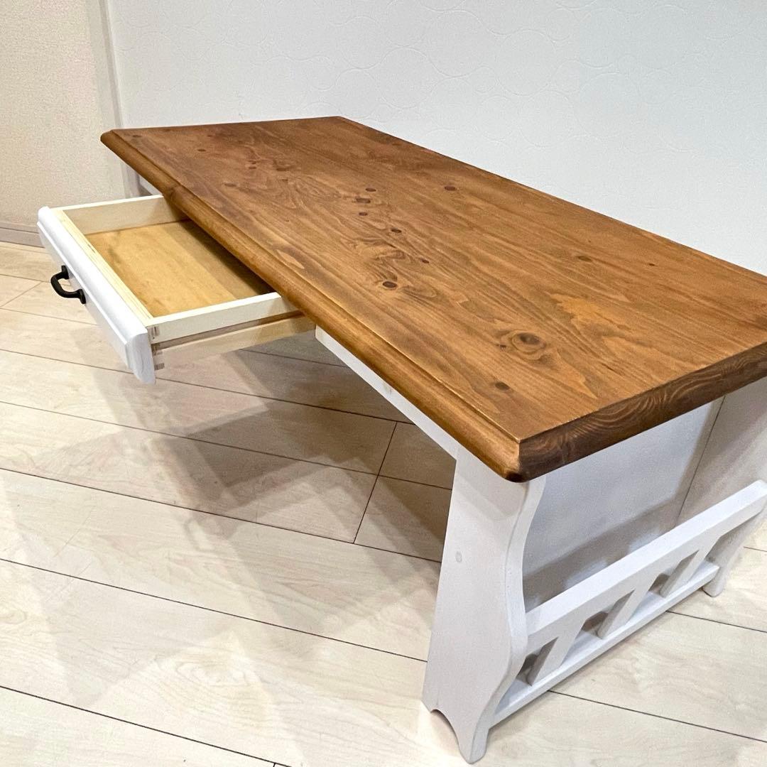 天然木 ローテーブル 引き出し付 マガジンラック カントリー ナチュラル 北欧