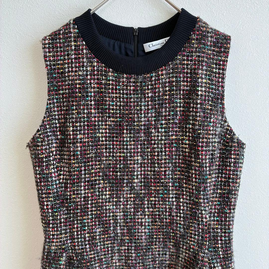 【クリスチャンディオール】ワンピース ノースリーブ ツイード ラメ マルチカラー