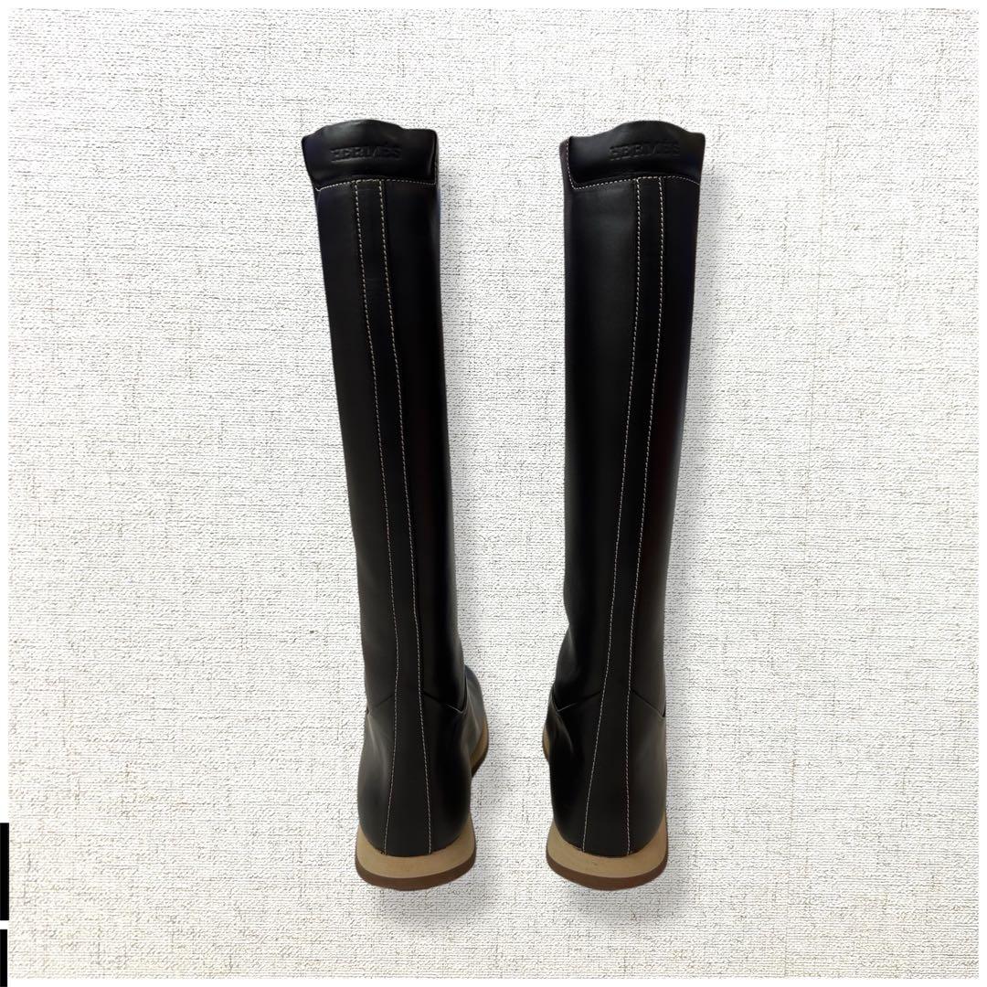 未使用級　ロゴ刻印　HERMES ロングブーツ　レインブーツ　オールレザー　37