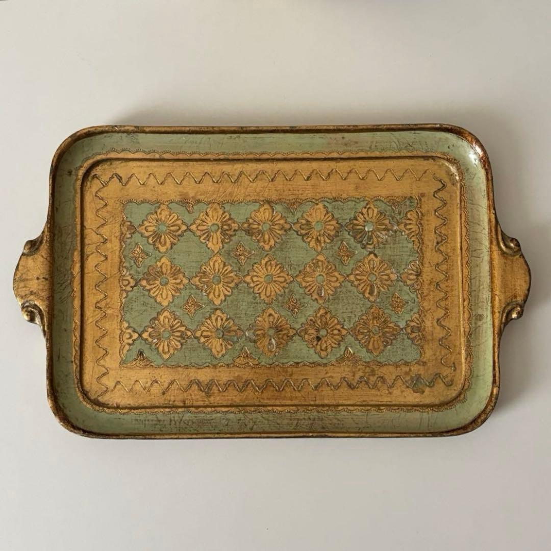 【イタリア】木製 トレイ フロレンタイン パステルグリーン長方形 取手付き 金彩