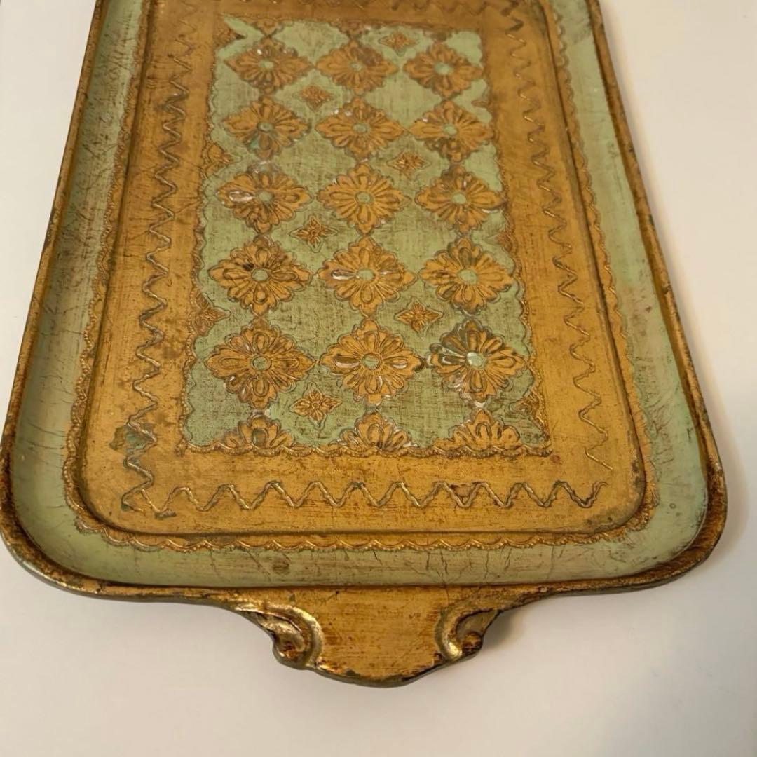 【イタリア】木製 トレイ フロレンタイン パステルグリーン長方形 取手付き 金彩