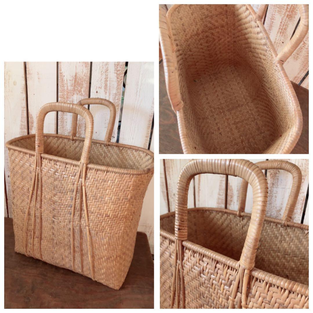 ヴィンテージ　天然素材 ハンドル付きバスケット 竹かごバッグ 竹籠バッグ