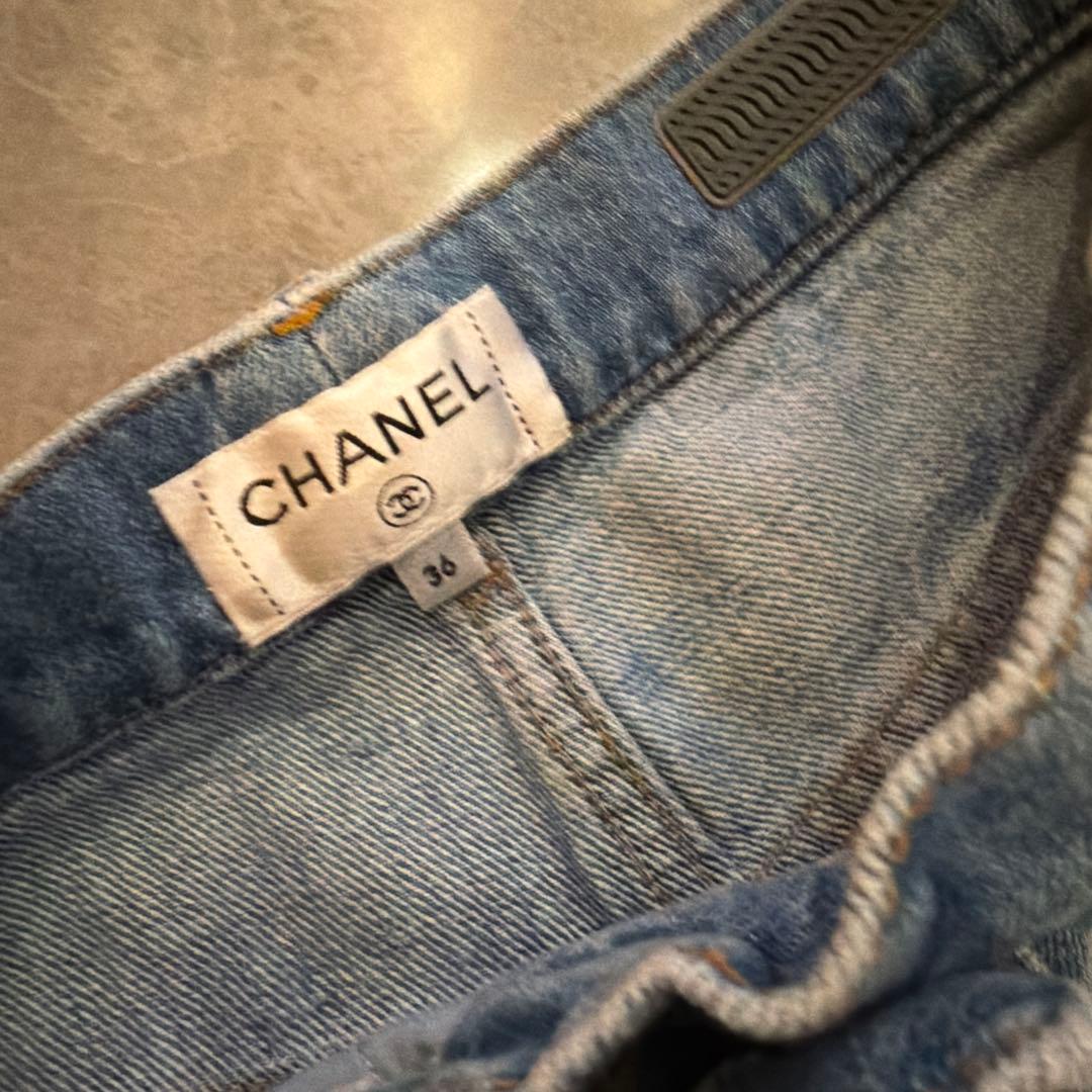 CHANEL ワイドデニムパンツ ロゴ 36 ウエスト滑り止め加工付き丈詰め