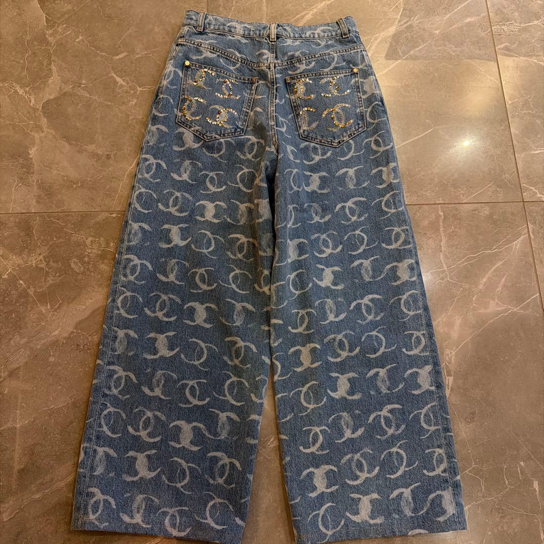 CHANEL ワイドデニムパンツ ロゴ 36 ウエスト滑り止め加工付き丈詰め