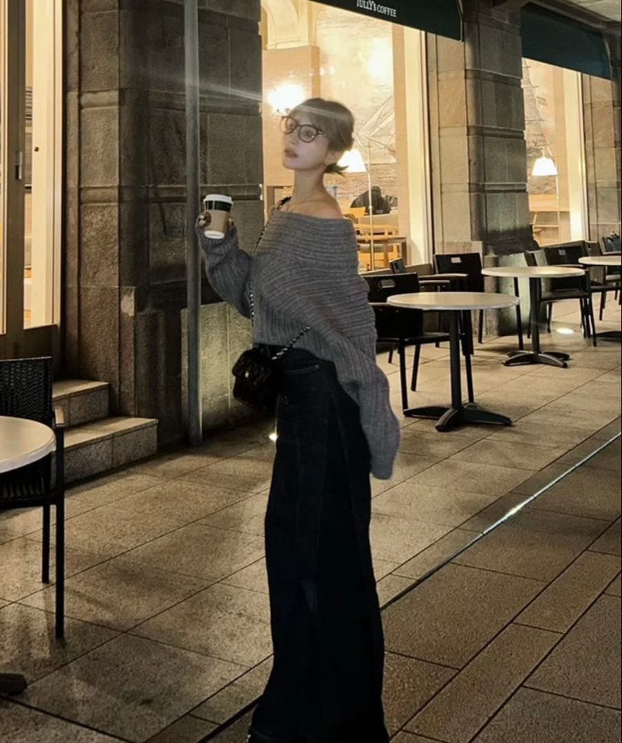 DIANTE RANDOM RIB OFF SHOULDER KNIT グレー