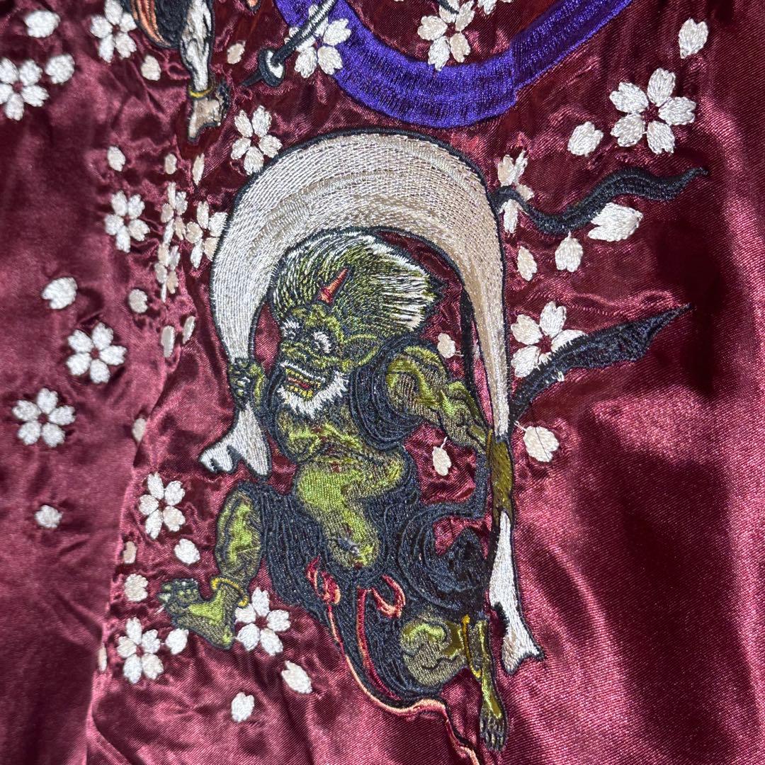 【新品未使用】風神雷神桜刺繍スカジャンワインレッドえんじ金和柄サテンブルゾン