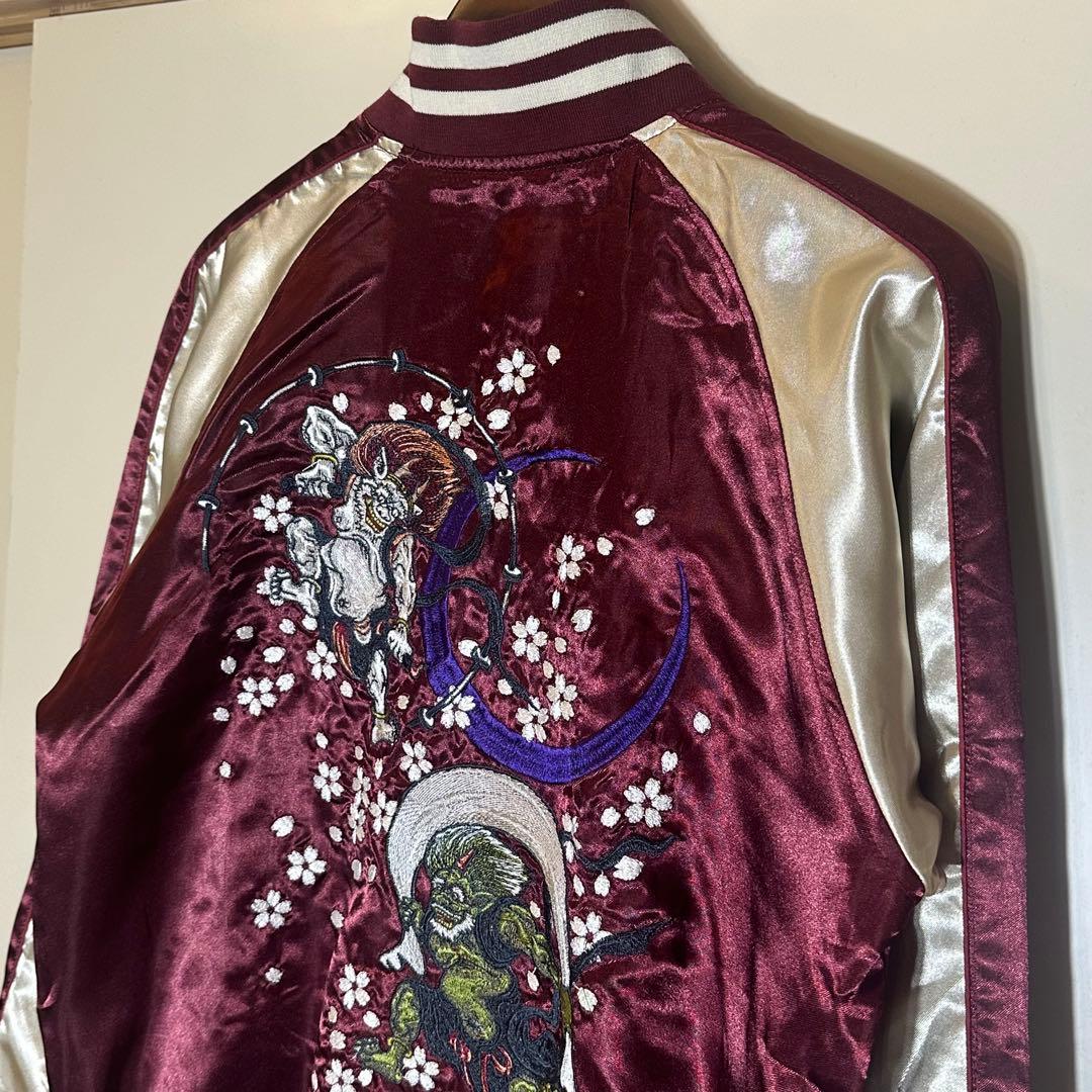 【新品未使用】風神雷神桜刺繍スカジャンワインレッドえんじ金和柄サテンブルゾン