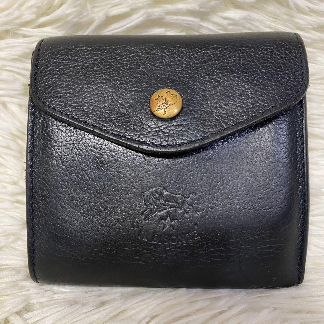 【美品✨】IL BISONTE レザー ダブルフラップ 3つ折り財布 ネイビー