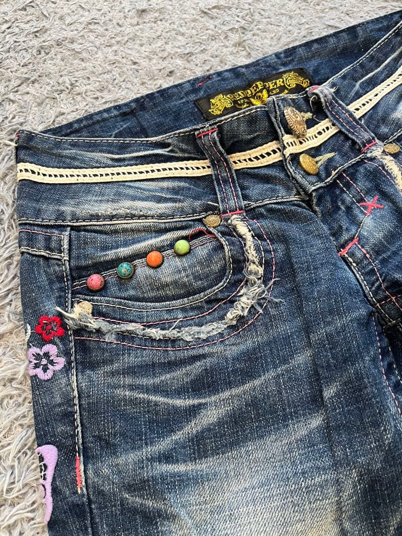 激レア　Y2K red pepper バタフライ刺繍　部分レース　フレアデニム