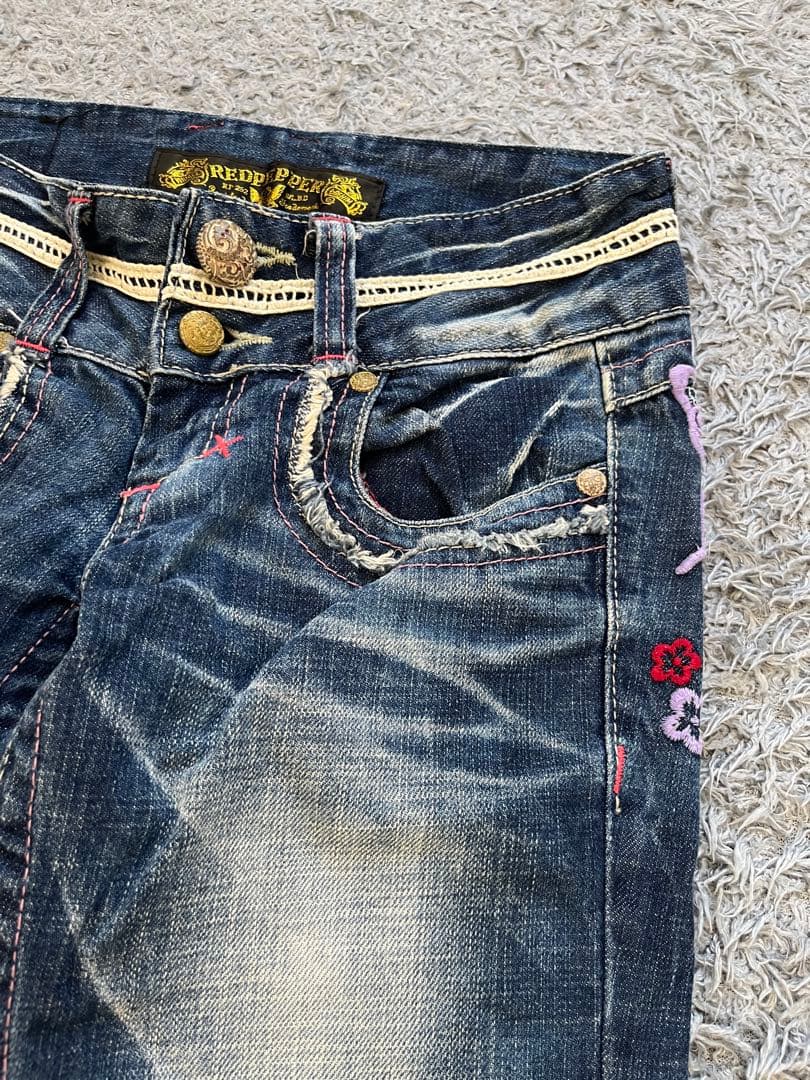 激レア　Y2K red pepper バタフライ刺繍　部分レース　フレアデニム
