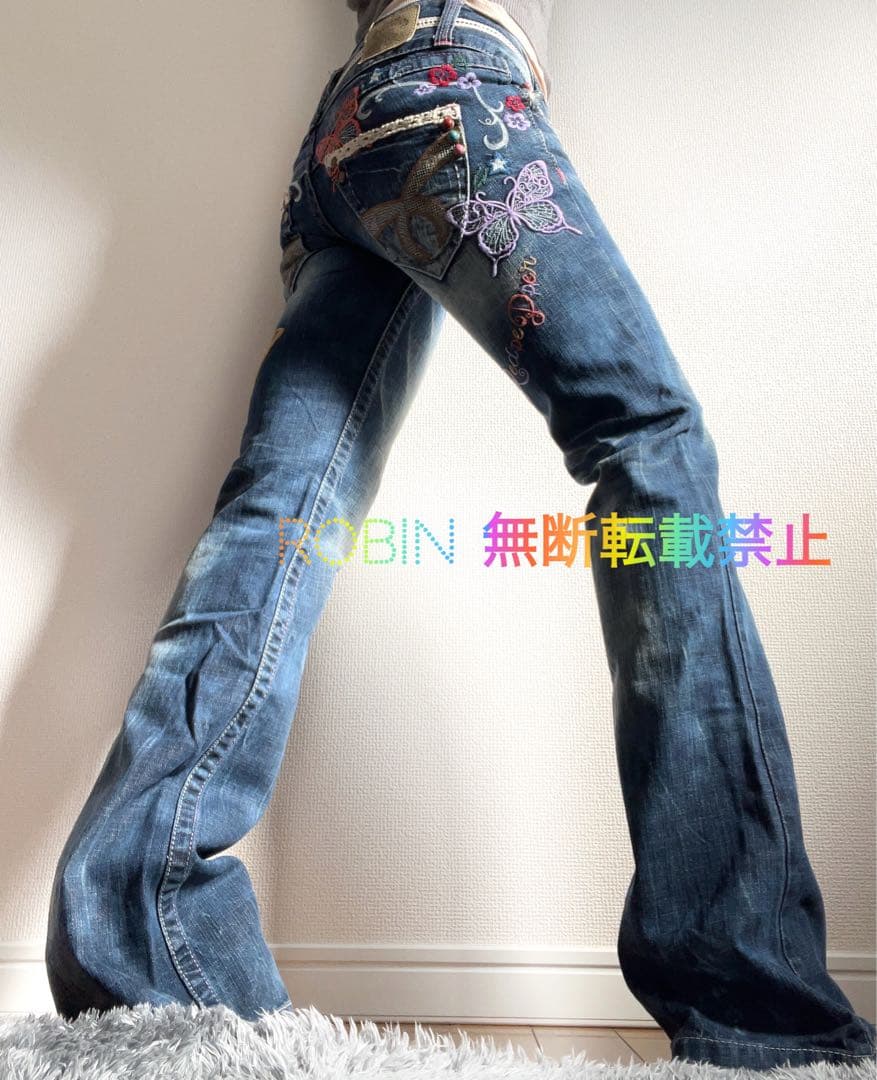 激レア　Y2K red pepper バタフライ刺繍　部分レース　フレアデニム