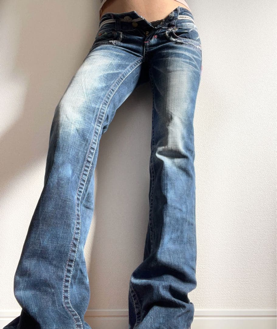 激レア　Y2K red pepper バタフライ刺繍　部分レース　フレアデニム