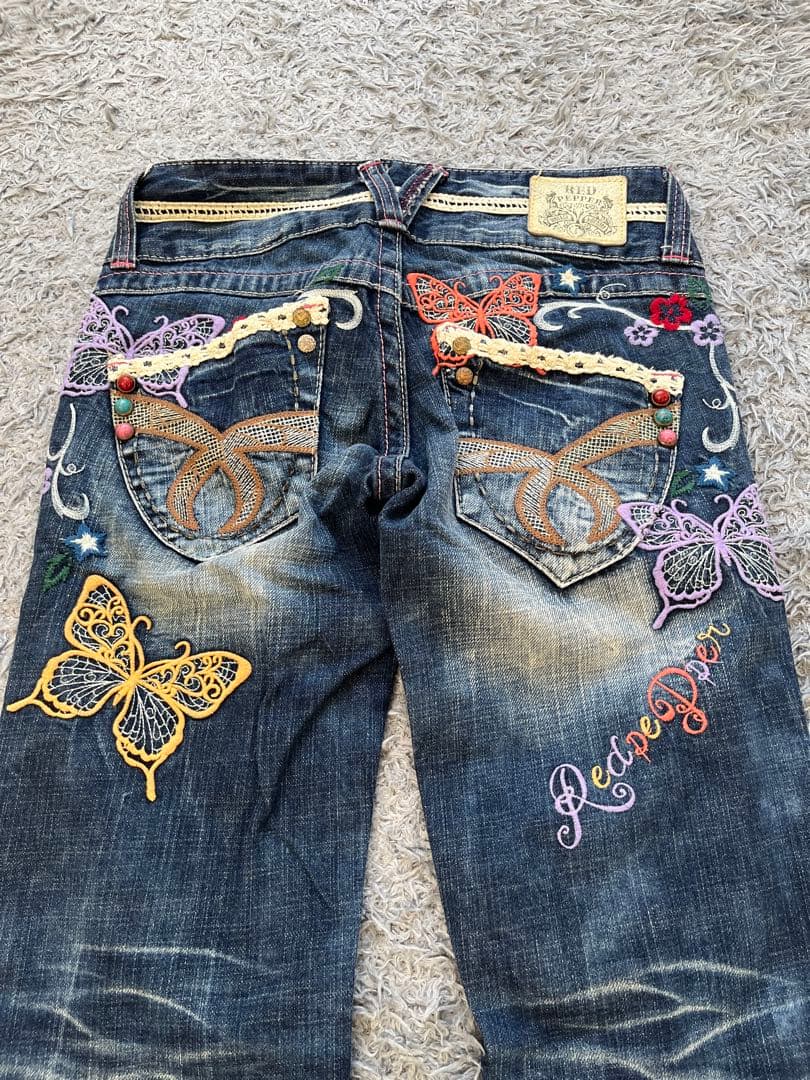 激レア　Y2K red pepper バタフライ刺繍　部分レース　フレアデニム