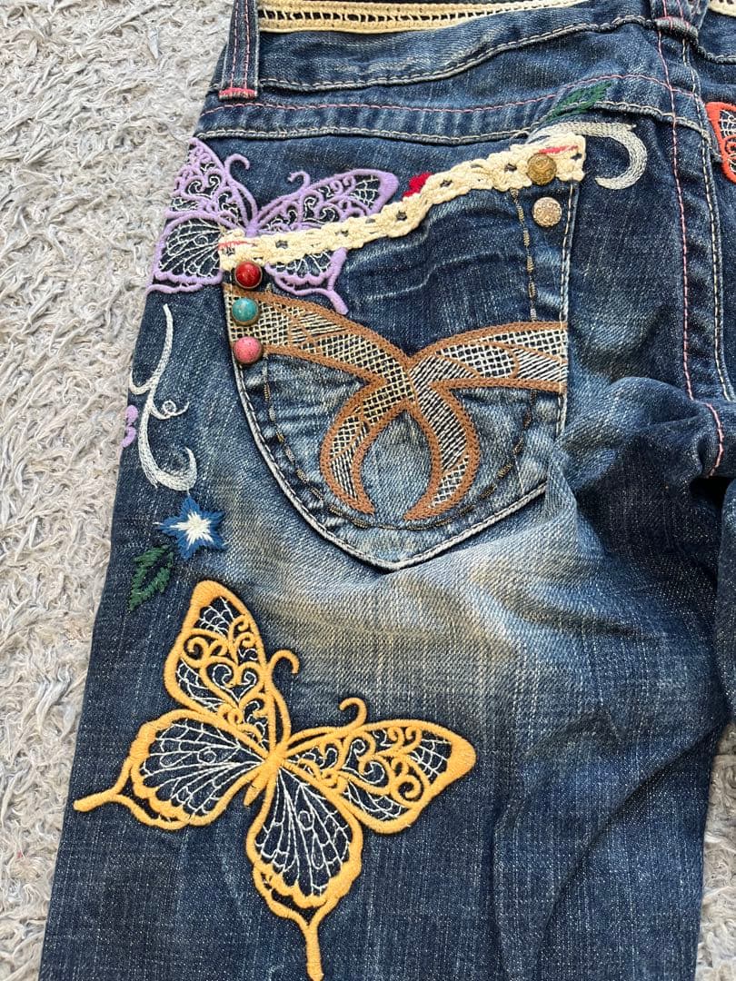 激レア　Y2K red pepper バタフライ刺繍　部分レース　フレアデニム