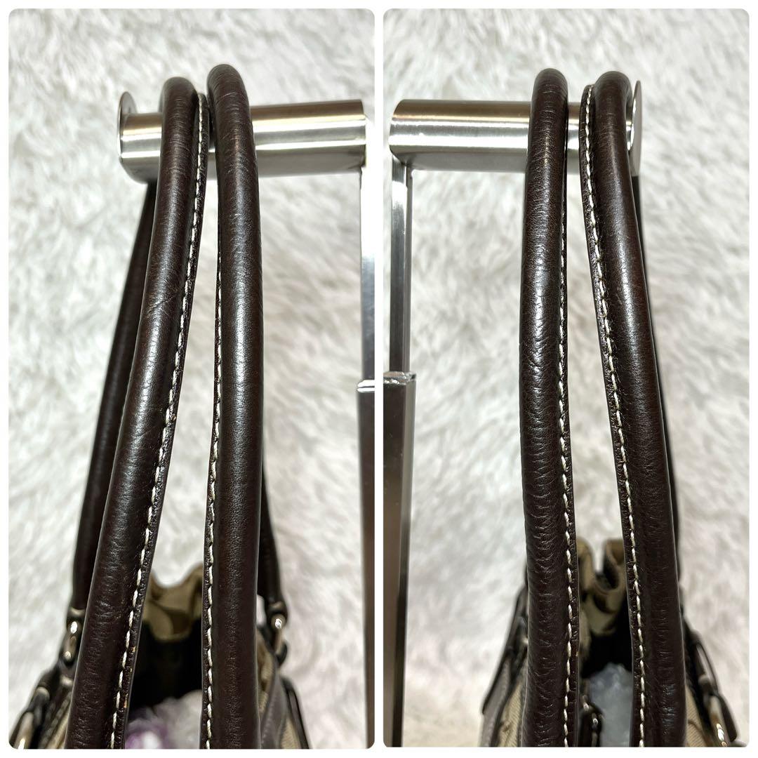 良品 COACH シグネチャー キャンバス ハンドバッグ ブラウン 金具