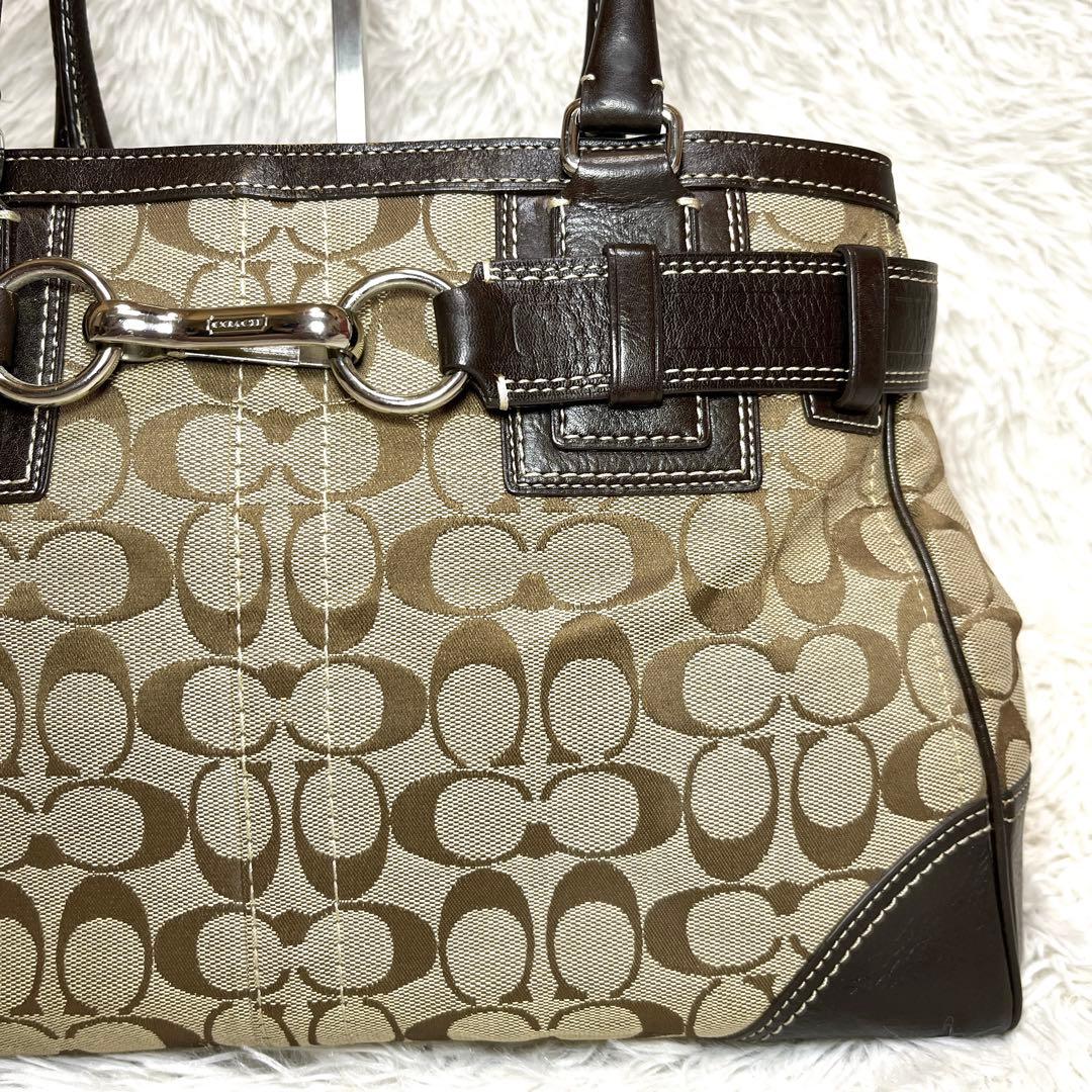 良品 COACH シグネチャー キャンバス ハンドバッグ ブラウン 金具