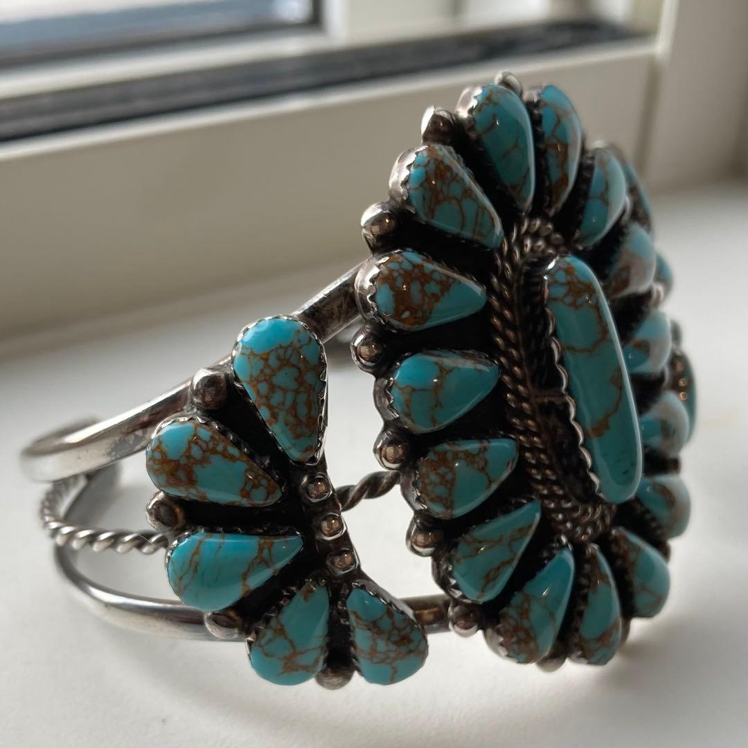 スターリングシルバー ナバホ族 ターコイズ フラワー クラスター バングル