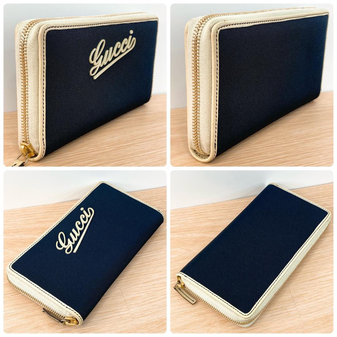 グッチ ラウンドファスナー 長財布 財布 キャンバス グッチロゴ ネイビー 青系