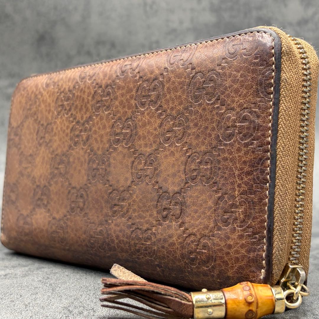 美品 グッチ レオパード シマ ラウンドジップ 長財布 バンブー タッセル 茶