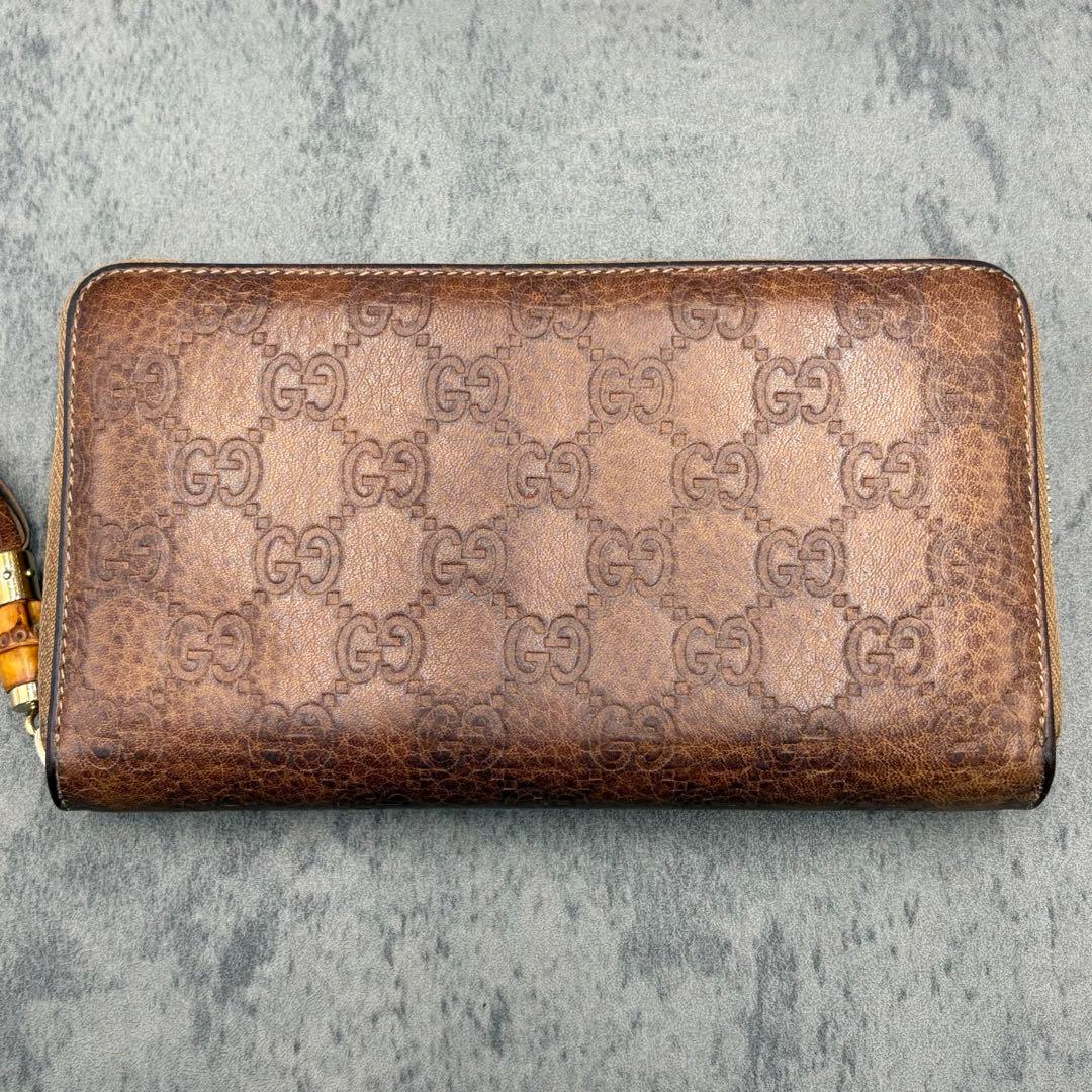 美品 グッチ レオパード シマ ラウンドジップ 長財布 バンブー タッセル 茶
