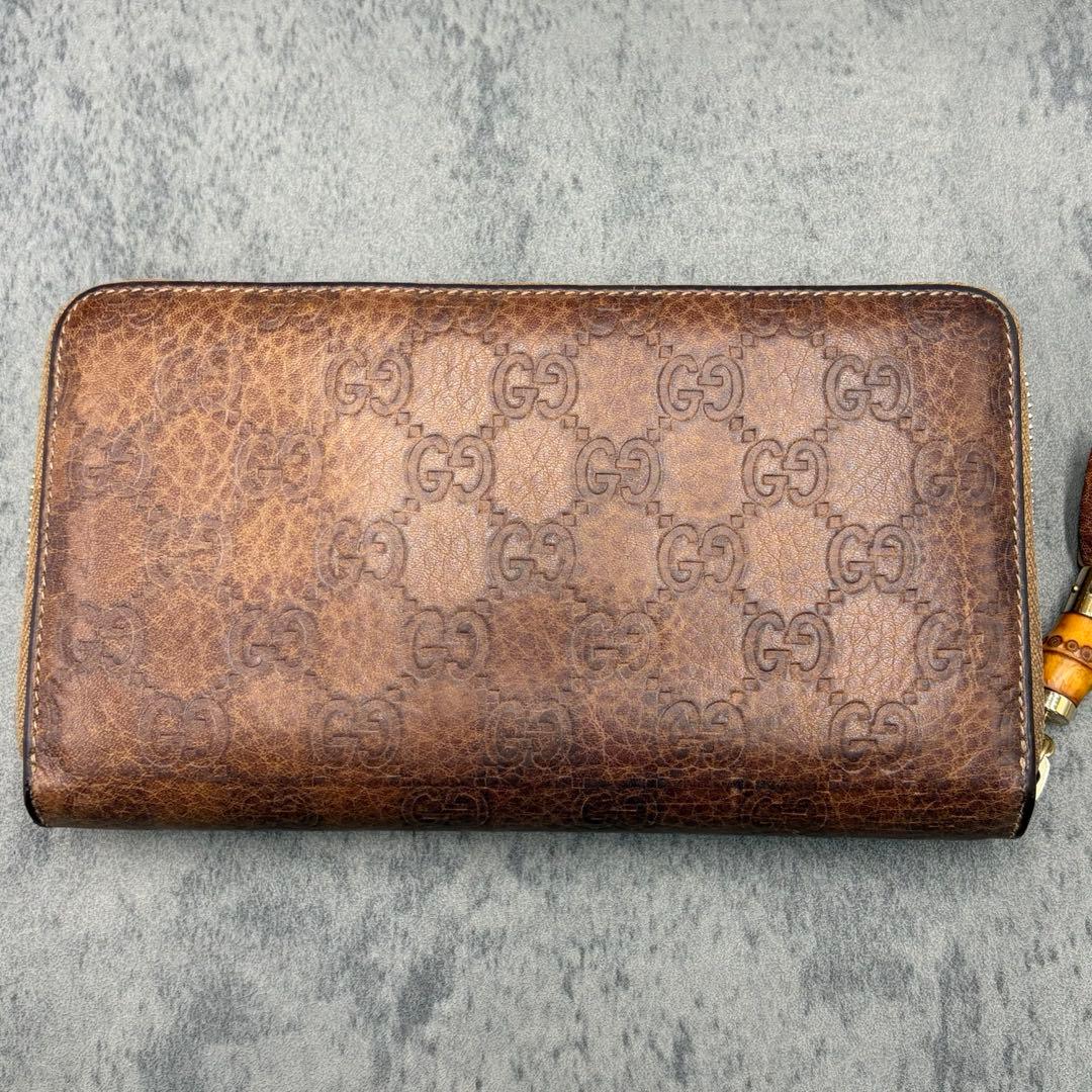 美品 グッチ レオパード シマ ラウンドジップ 長財布 バンブー タッセル 茶