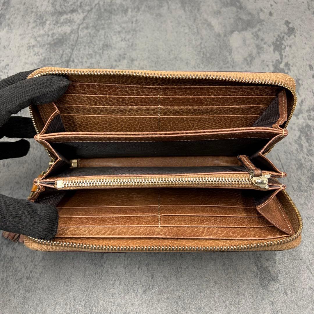 美品 グッチ レオパード シマ ラウンドジップ 長財布 バンブー タッセル 茶