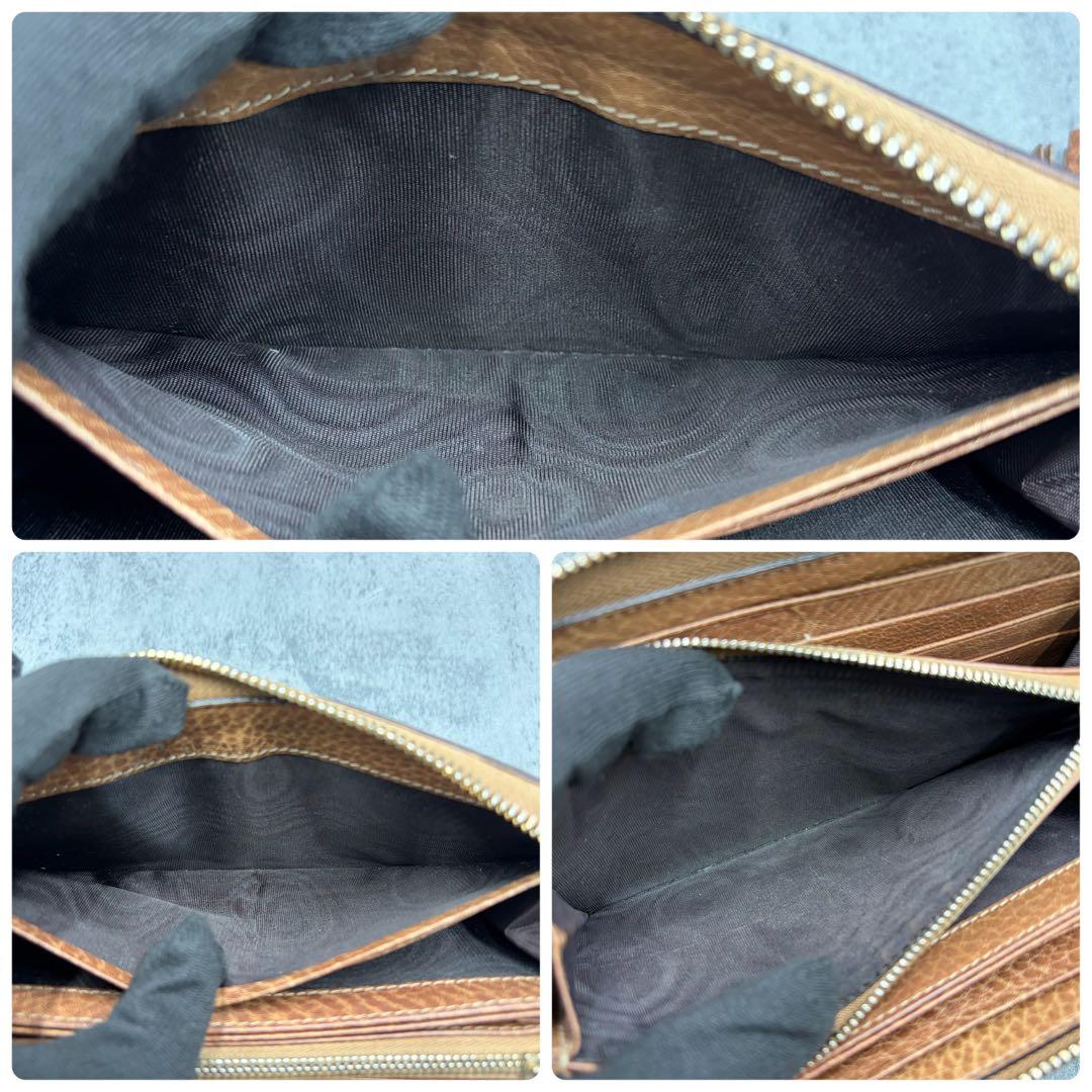 美品 グッチ レオパード シマ ラウンドジップ 長財布 バンブー タッセル 茶