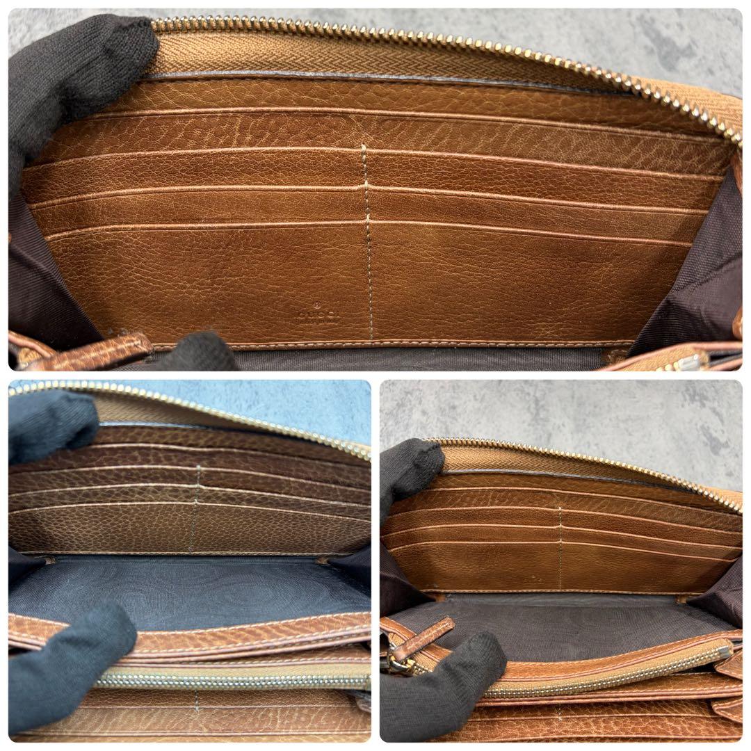 美品 グッチ レオパード シマ ラウンドジップ 長財布 バンブー タッセル 茶
