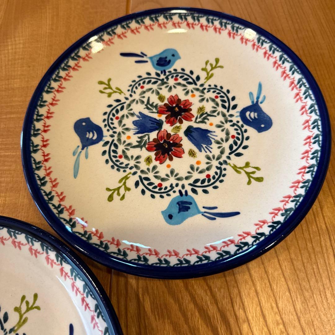 ポーランド食器　青い鳥と花模様の皿2枚セット
