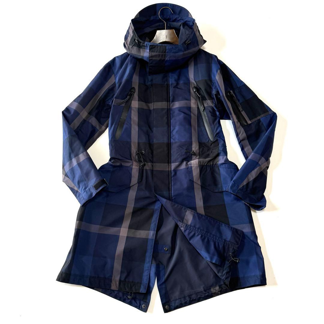 美品 ブラックレーベルクレストブリッジ 撥水 モッズコート チェック フーデッド