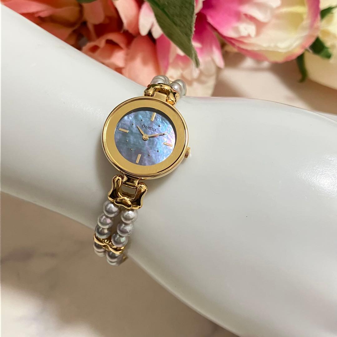 【稼動品】CAMELLIA カメリア レディース パールウォッチ　あこや真珠