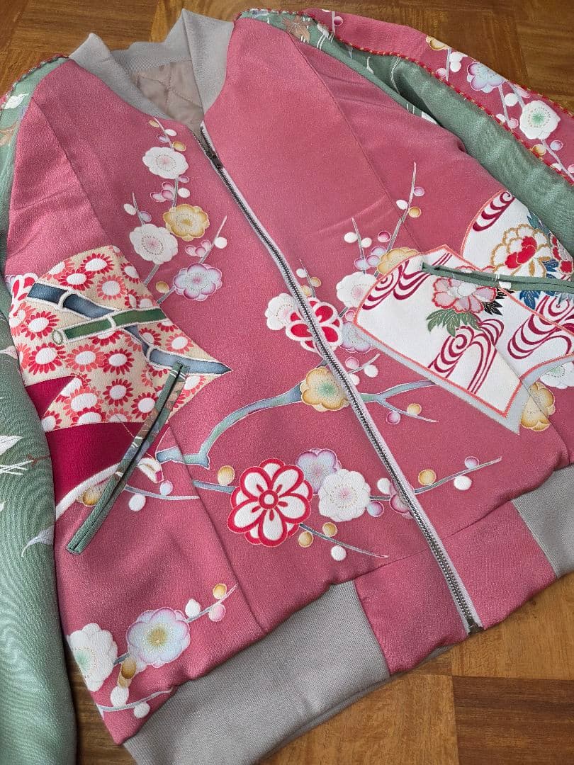め0215着物リメイク正絹古布色留袖訪問着吉祥文ビンテージスカジャンハンドメイド