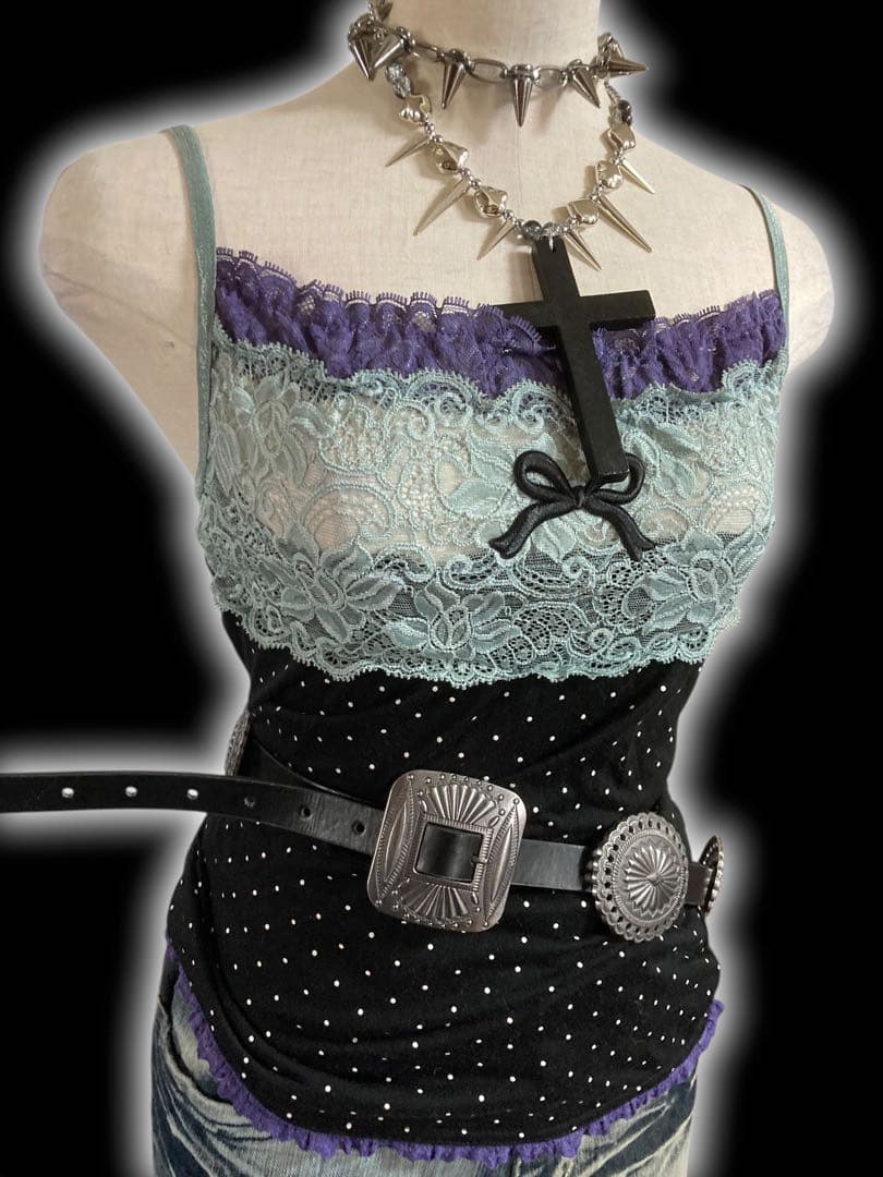 y2k水玉ドット２段レースリボンキャミ平成甘めギャルフェアリーグランジゴシック